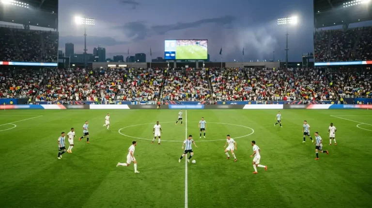 Argentínski fótboltavallarinn á HM 2026 með bláhvíta liðsbúninginn á fótboltavelli í Bandaríkjunum