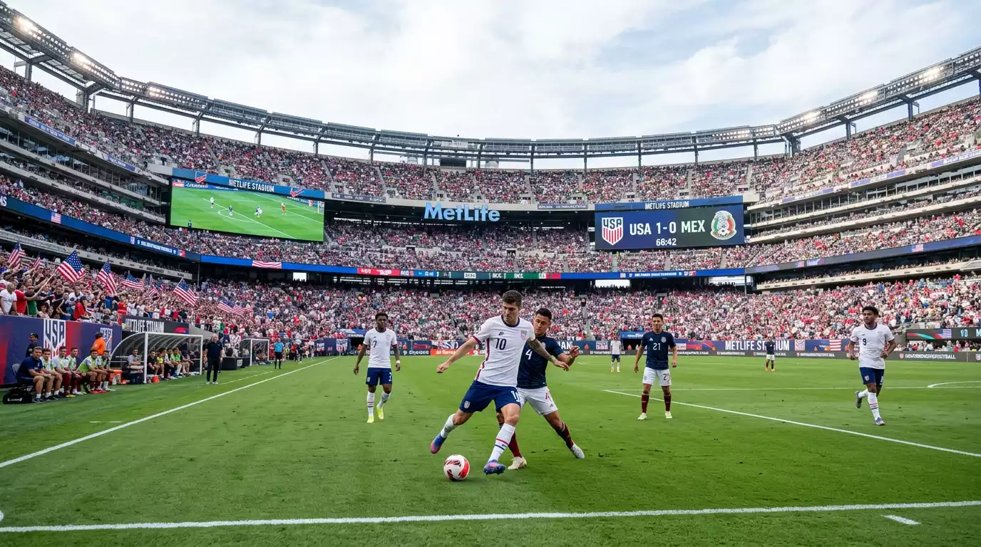 Bandaríski fótboltavallarinn á HM 2026 á heimavelli með fána og fótboltavöll