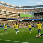 Brasilíski fótboltavallarinn á HM 2026 með gula liðsbúninginn á fótboltavelli