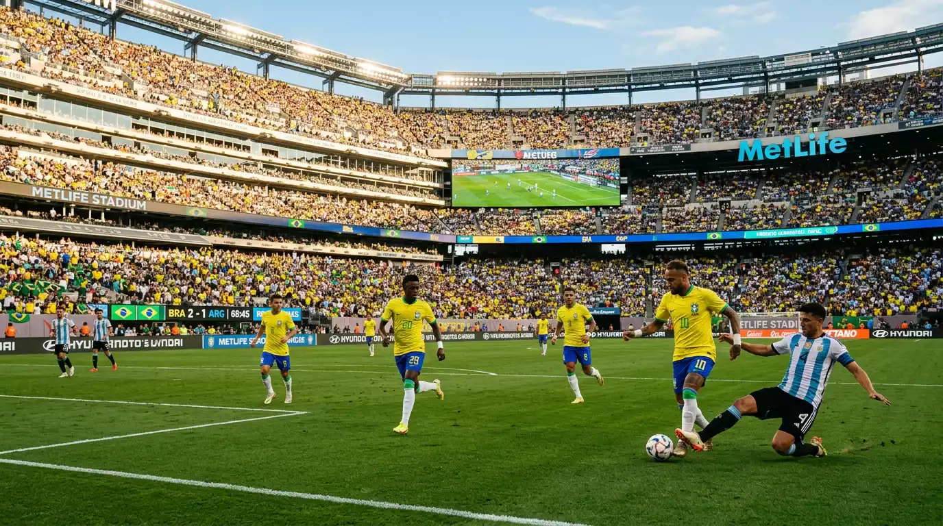 Brasilíski fótboltavallarinn á HM 2026 með gula liðsbúninginn á fótboltavelli