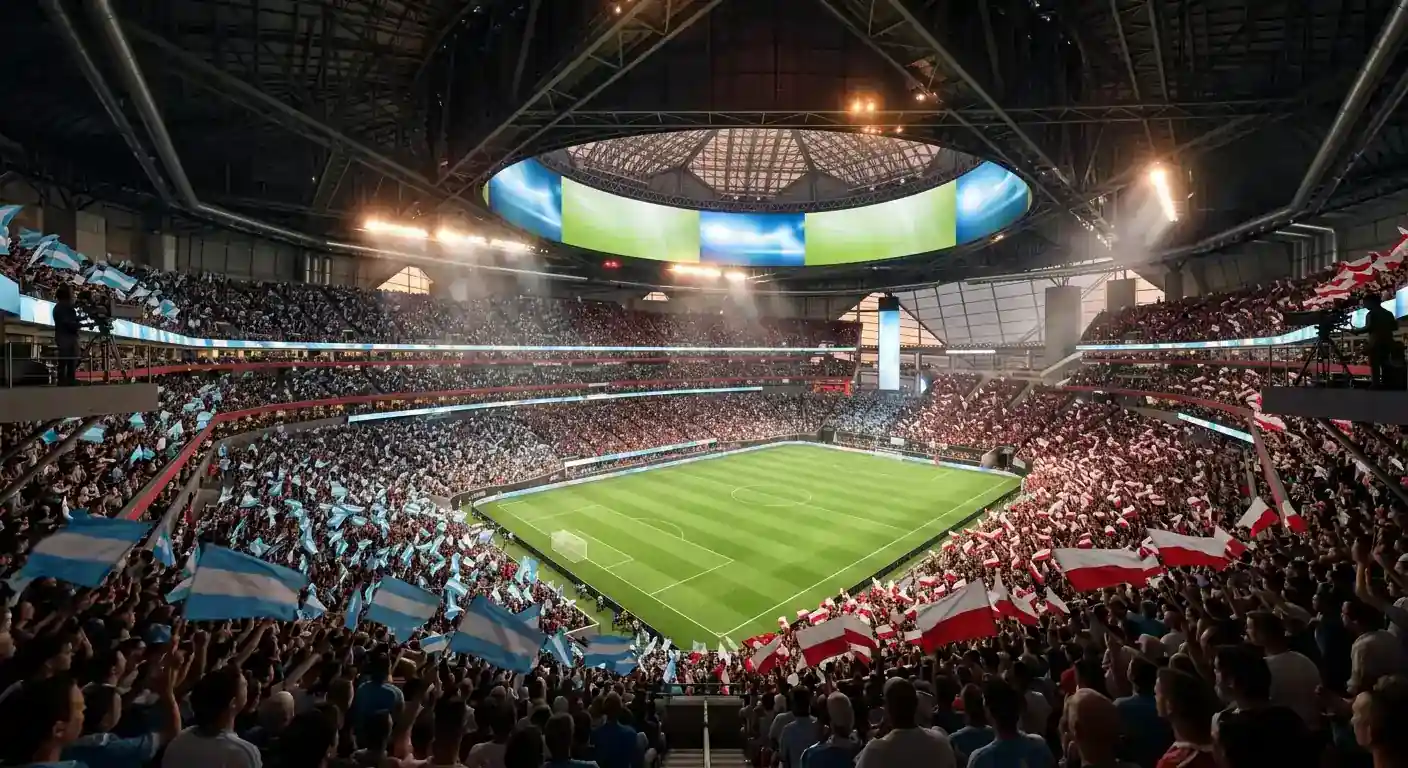 Stemning fyrir undanúrslitaleik HM 2026 milli Englands og Argentínu á Mercedes-Benz Stadium í Atlanta
