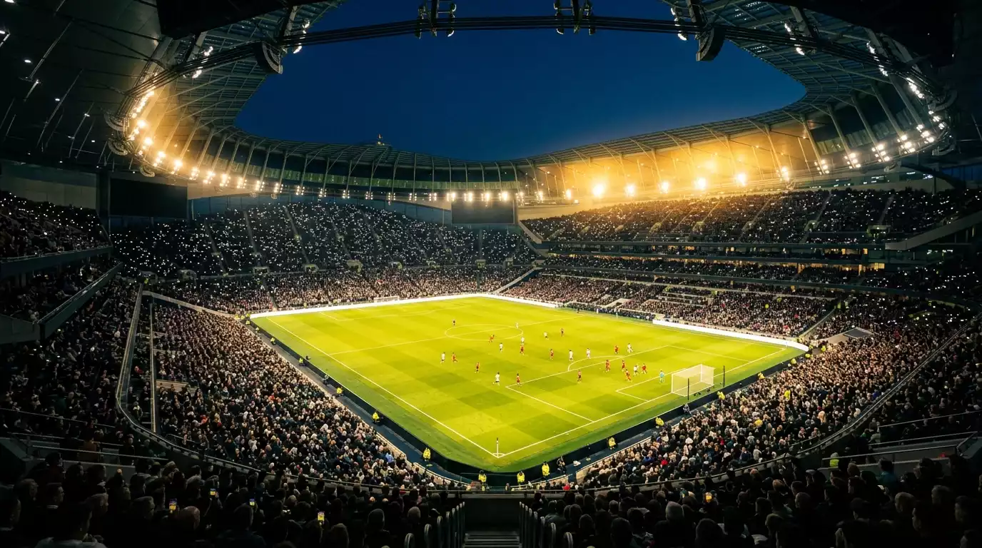 Fótboltavöllur lýstur upp á kvöldin með flóðljósum og leikmenn á grænum velli