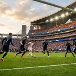 Fótboltaleikur á Heimsmeistaramótinu 2026 með frönsku liðsbúningana á fótboltavelli