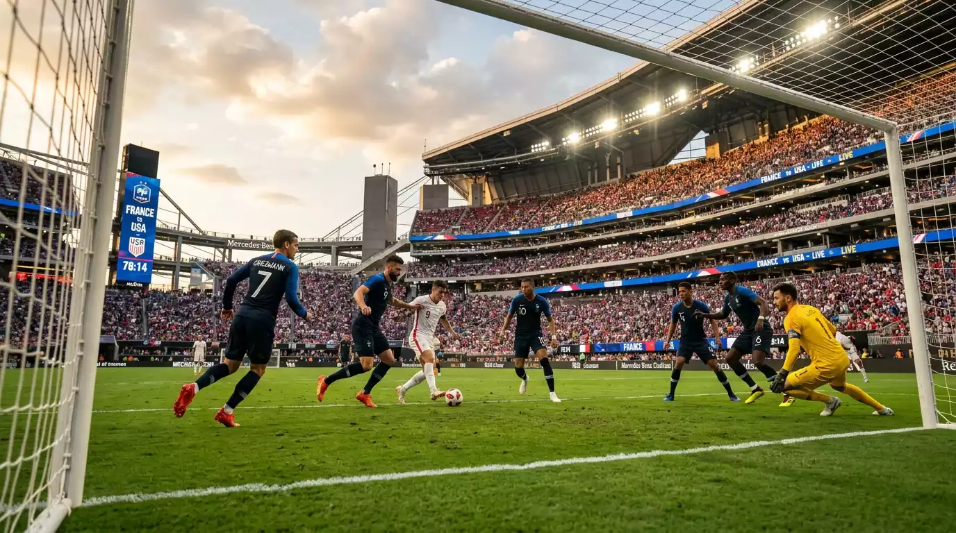 Fótboltaleikur á Heimsmeistaramótinu 2026 með frönsku liðsbúningana á fótboltavelli