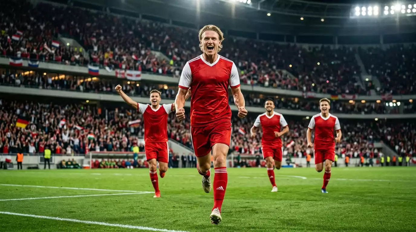 Norskt landsliðsleikmenn í rauðum og hvítum treyjum fagna marki á grænum fótboltavelli