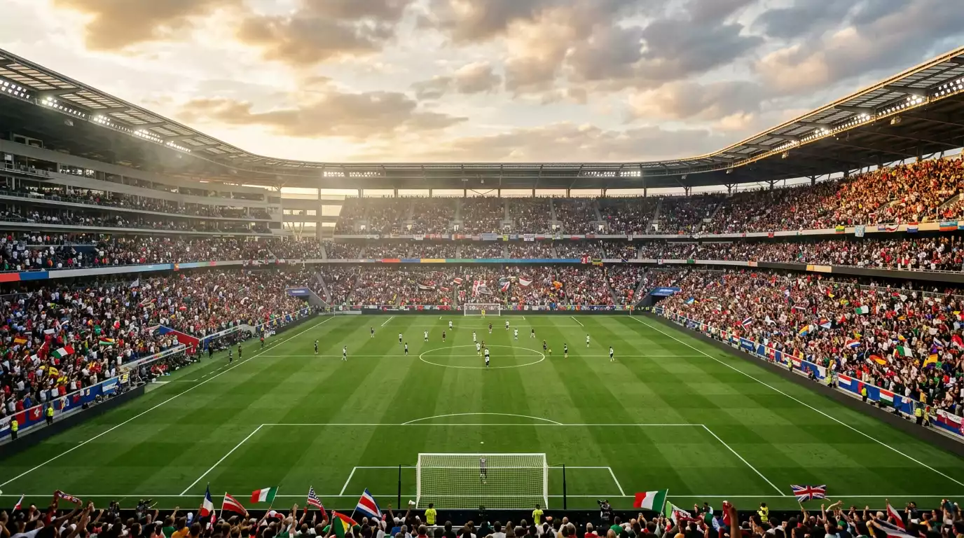 Fótboltavöllur tilbúinn fyrir Heimsmeistaramótið 2026 - þúsundir áhorfenda á stórum leikvelli í Bandaríkjunum