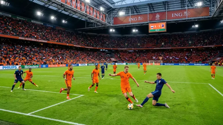 Hollenska fótboltalandsliðið á HM 2026 með appelsínugula liðsbúninginn á grænni grasflöt