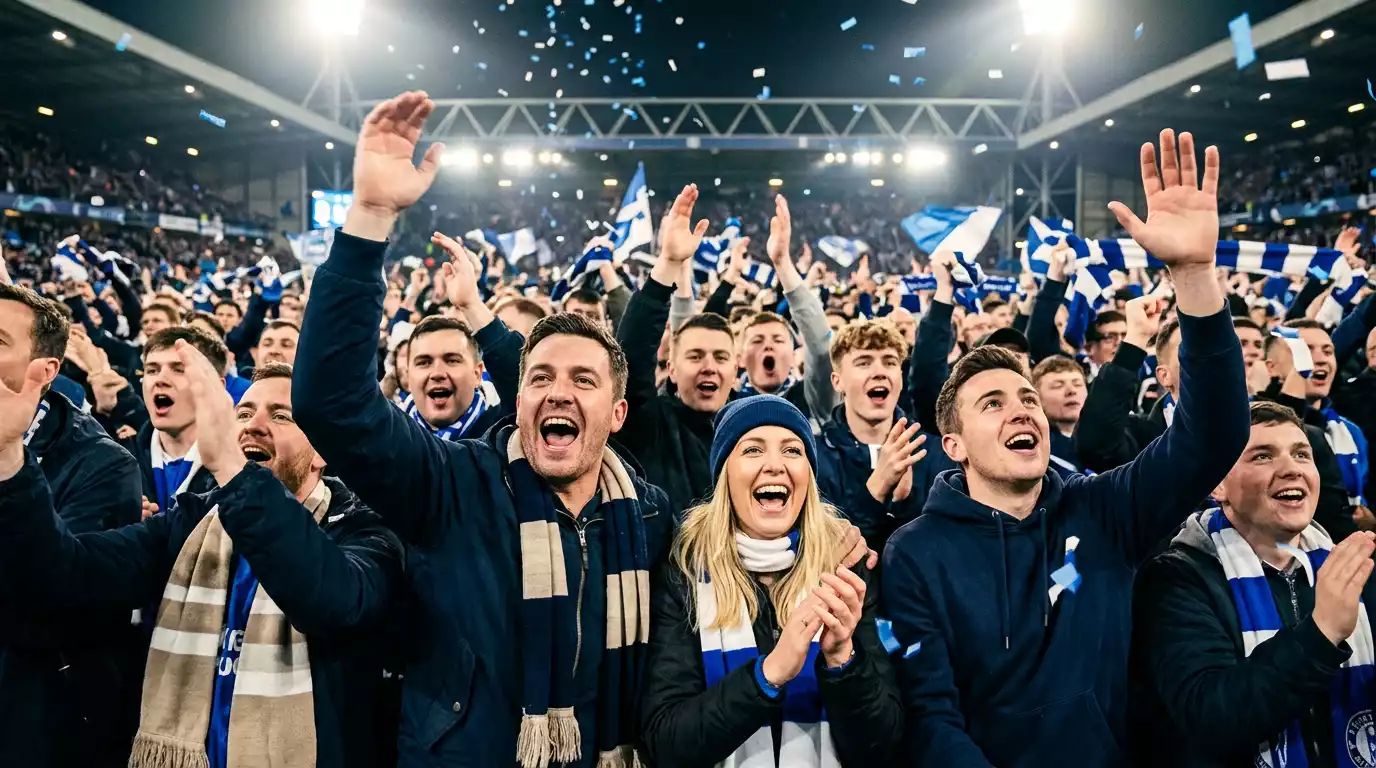 Fótboltaaðdáendur fagna sigri á stóru alþjóðlegu móti - lífrandi andlit á stúku