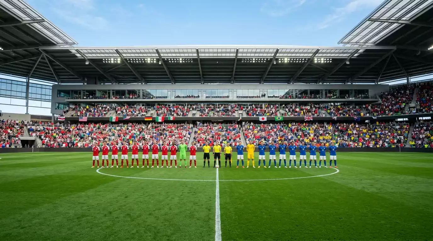 Fótboltaleikur á stórum velli - tvö lið mætast á grænum velli með áhorfendastúku í bakgrunni