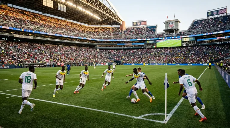 Senegalska fótboltalandsliðið á HM 2026 á fótboltavelli í Bandaríkjunum