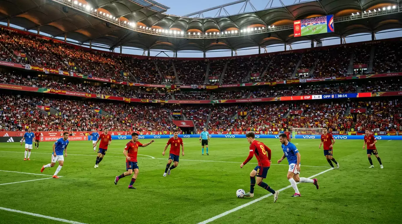 Spænski fótboltavallarinn á HM 2026 með rauða liðsbúninginn á grænni grasflöt