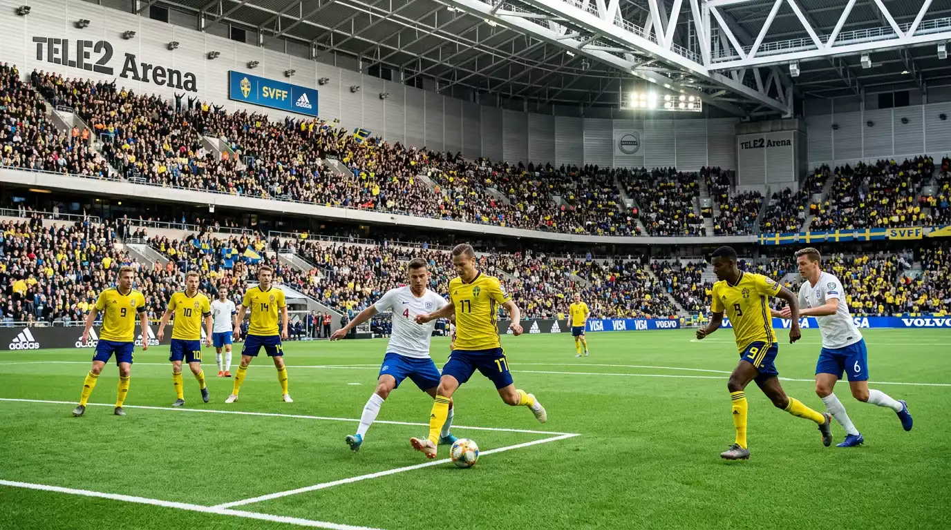 Sænska fótboltalandsliðið á HM 2026 með blágulan liðsbúninginn á fótboltavelli