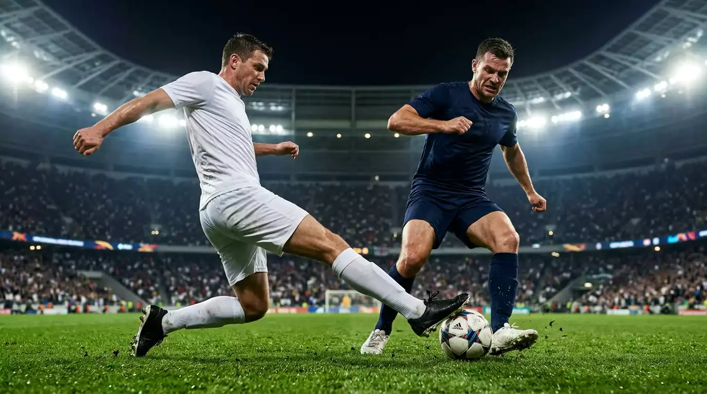 Nærmynd af fótboltavelli með leikmönnum í aðgerð - taktísk uppstilling og hreyfingar á vellinum